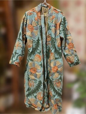 Embroidered Floral Long Jacket - Sage Green & Coral